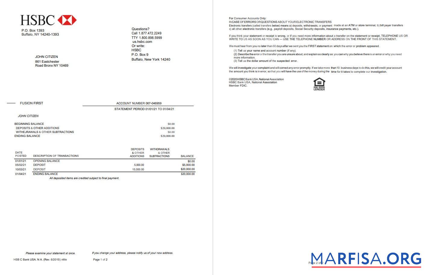 Realistic USA HSBC bank statement word 2 pages version 2 example